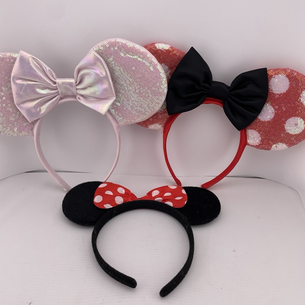 Disney Minnie Mouse Ears Headband Sequin Polka Dot Bow Cosplay Costume Set of 3